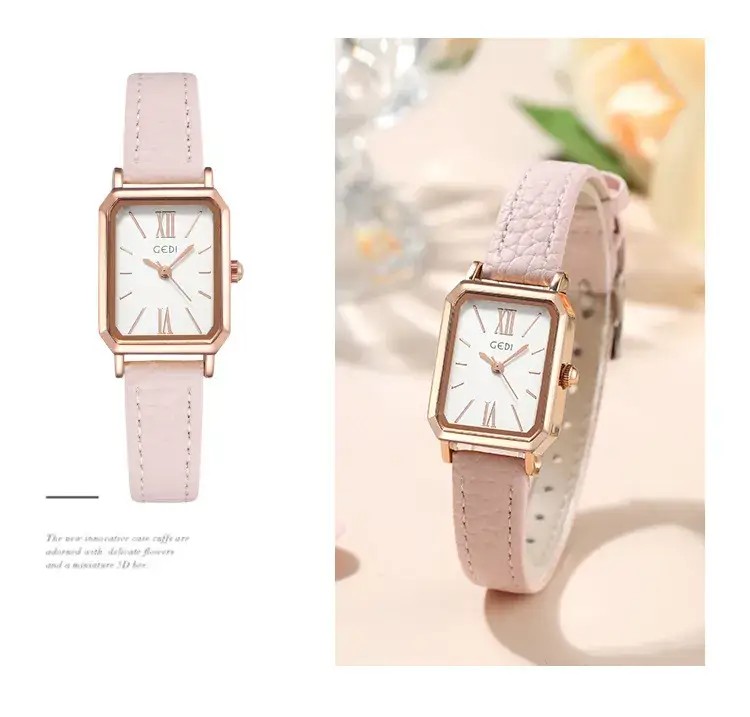 Goldie Rectangular Women's Quartz Watch Brown Leather Band — feature 7