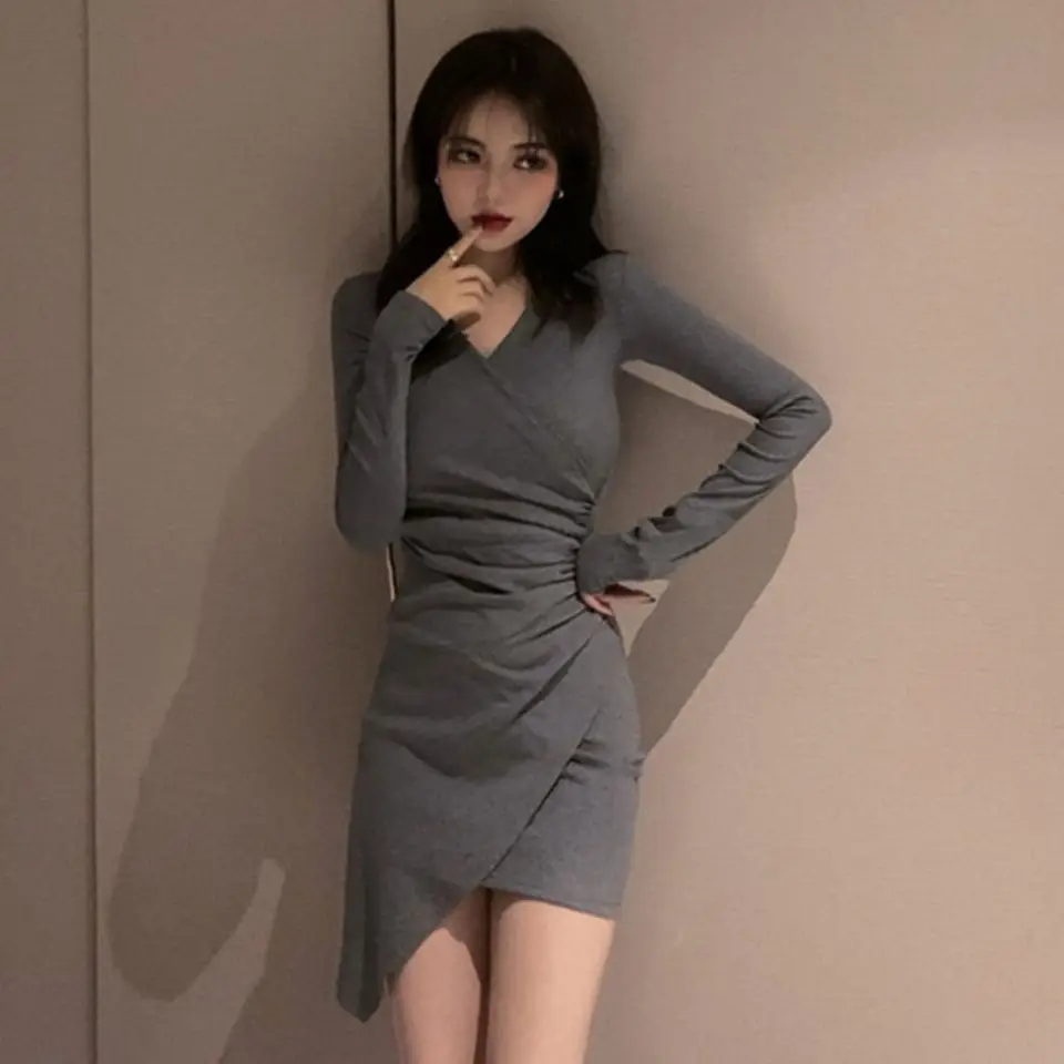 2023 Korean Style Sexy Irregular Slim Fit Crossed V Neck Dress Women