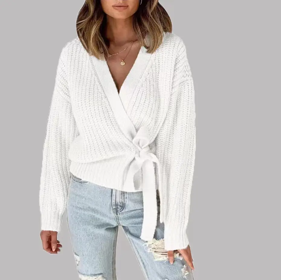 White V-Neck Knotted Sweater for Women — feature 3