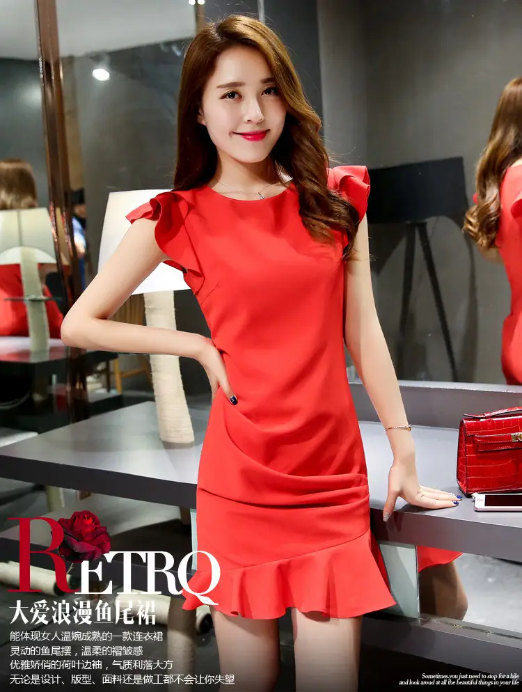 2026 Red Bodycon Dress with Ruffle Sleeves & Fishtail Skirt — feature 3