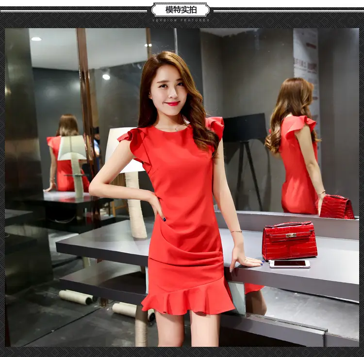 2026 Red Bodycon Dress with Ruffle Sleeves & Fishtail Skirt — feature 9