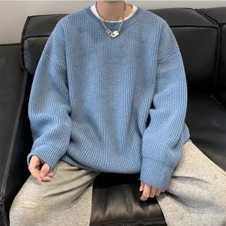 Men Blue Knit Long Sleeve Round Neck Pullover - Image 6