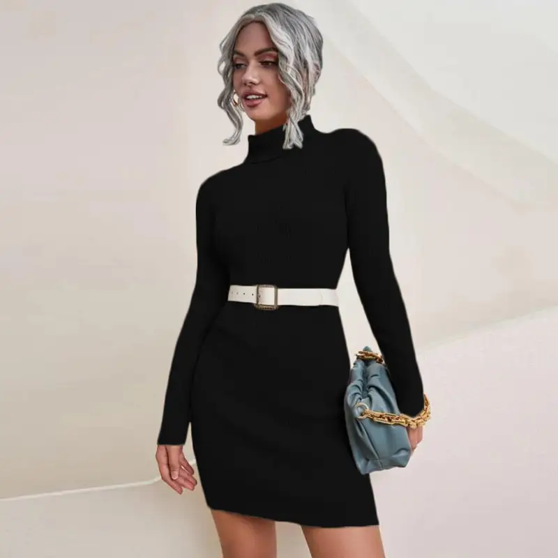 Black Long Sleeve Turtleneck Knitted Sweater Dress - Image 12