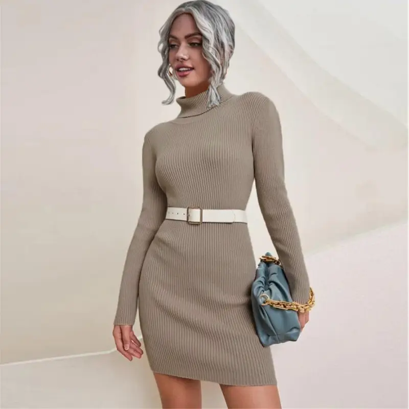 Black Long Sleeve Turtleneck Knitted Sweater Dress - Image 2