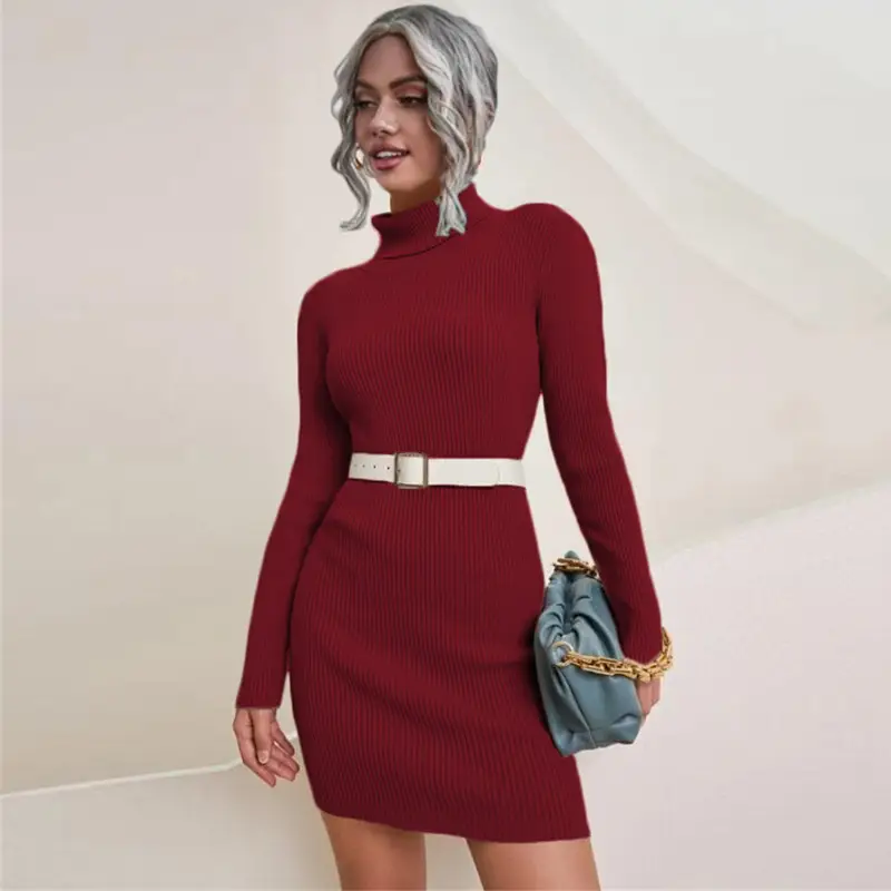 Black Long Sleeve Turtleneck Knitted Sweater Dress - Image 3