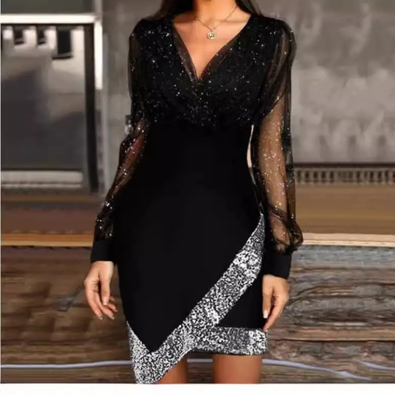 2023 Black Sequin Mesh Dress for Women - Image 5