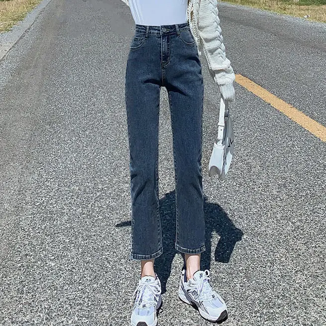 Women Stretch Jeans High Waist Cropped Straight Pants Smoke Tube