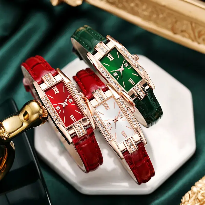 Women's Red Leather Strap Square Watch with Diamonds - Image 5