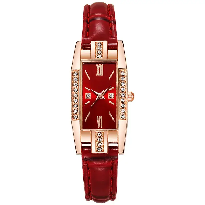 Women's Red Leather Strap Square Watch with Diamonds - Image 6