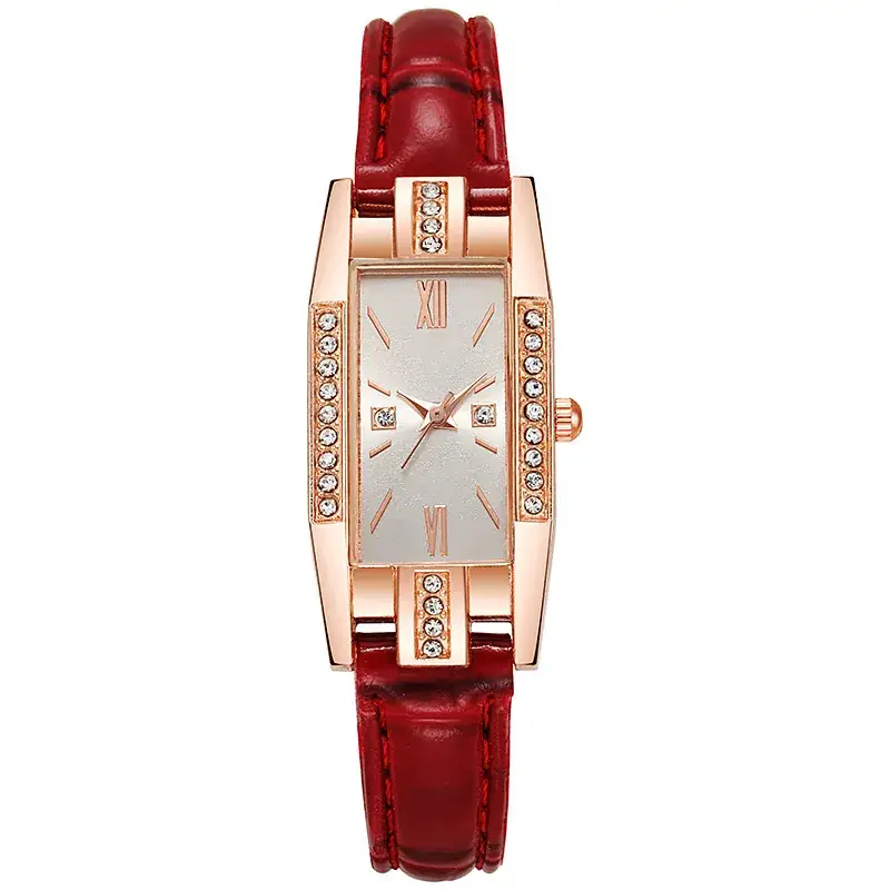 Women's Red Leather Strap Square Watch with Diamonds - Image 8