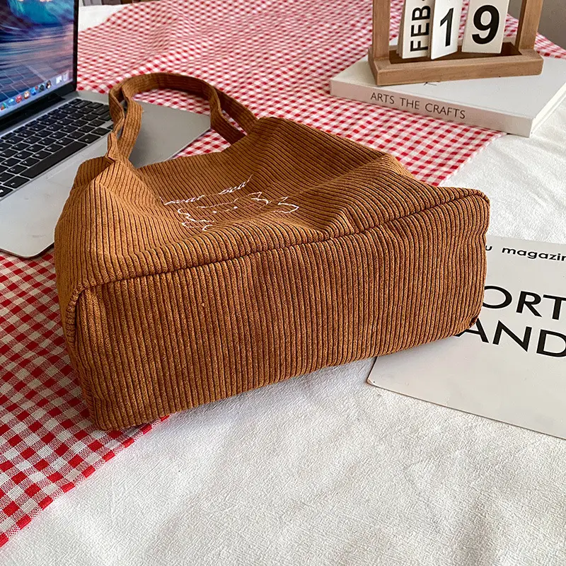 Cute Cartoon Embroidered Canvas Shoulder Bag for Women Brown