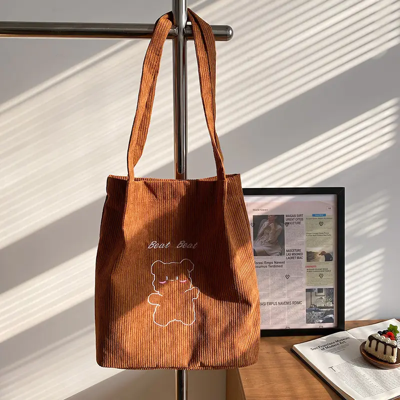 Cute Cartoon Embroidered Canvas Shoulder Bag for Women Brown