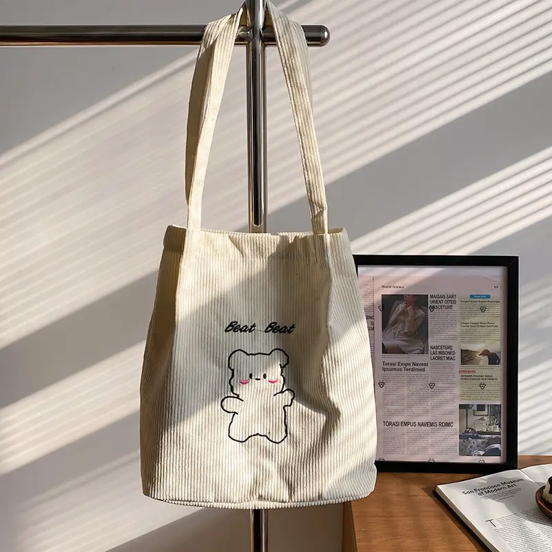 Cute Cartoon Embroidered Canvas Shoulder Bag for Women Brown