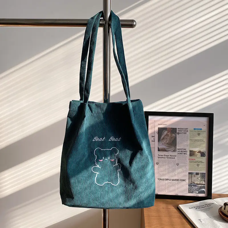 Cute Cartoon Embroidered Canvas Shoulder Bag for Women Brown