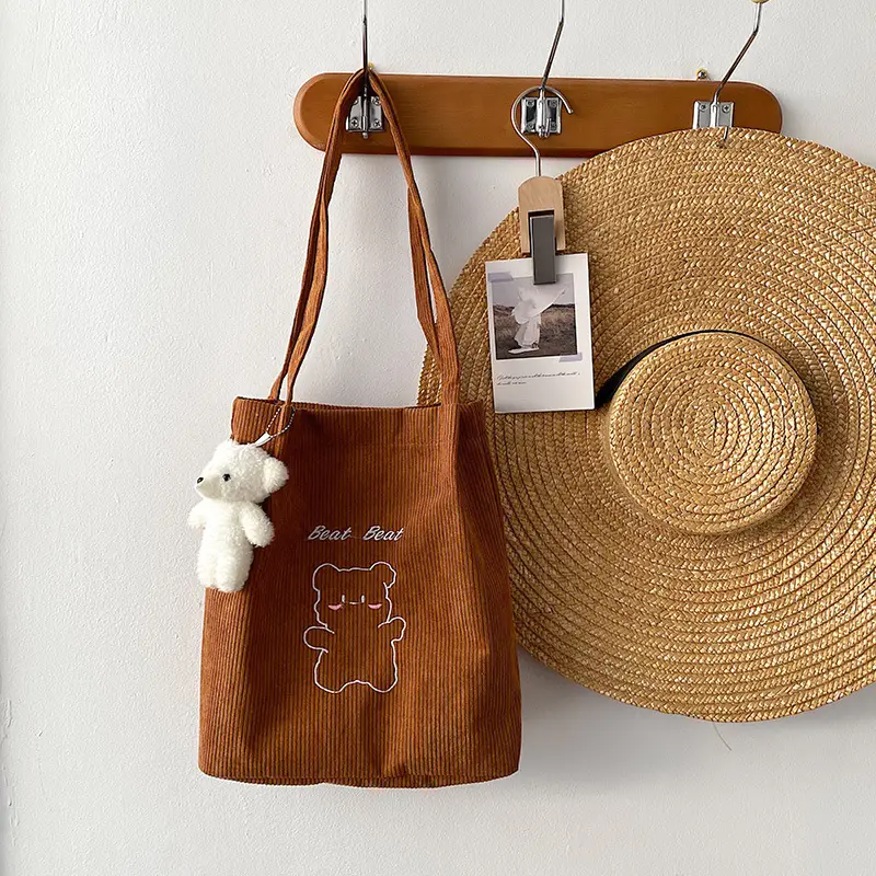 Cute Cartoon Embroidered Canvas Shoulder Bag for Women Brown