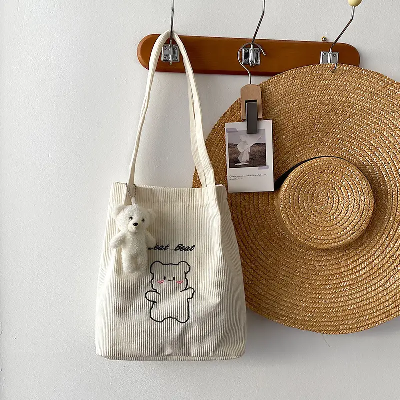 Cute Cartoon Embroidered Canvas Shoulder Bag for Women Brown