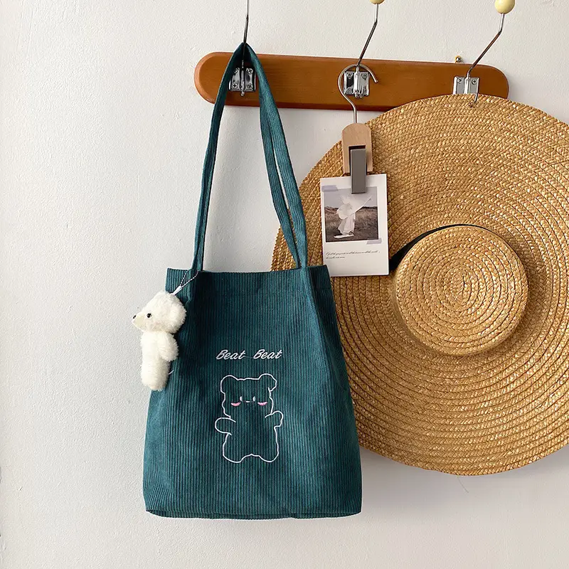 Cute Cartoon Embroidered Canvas Shoulder Bag for Women Brown