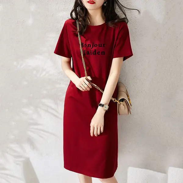Women Printed T-shirt Dress Red Mid-Length Korean Style - Image 4
