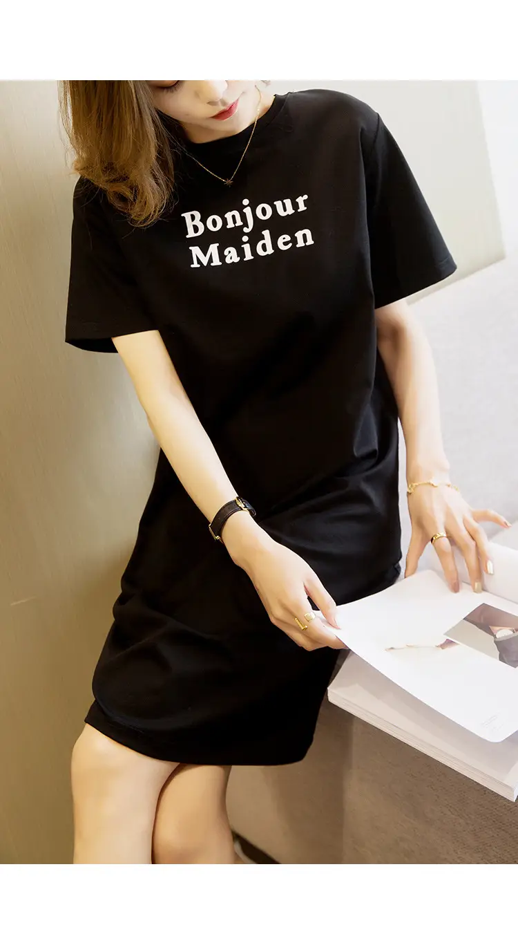 Women Printed T-shirt Dress Red Mid-Length Korean Style - Image 5