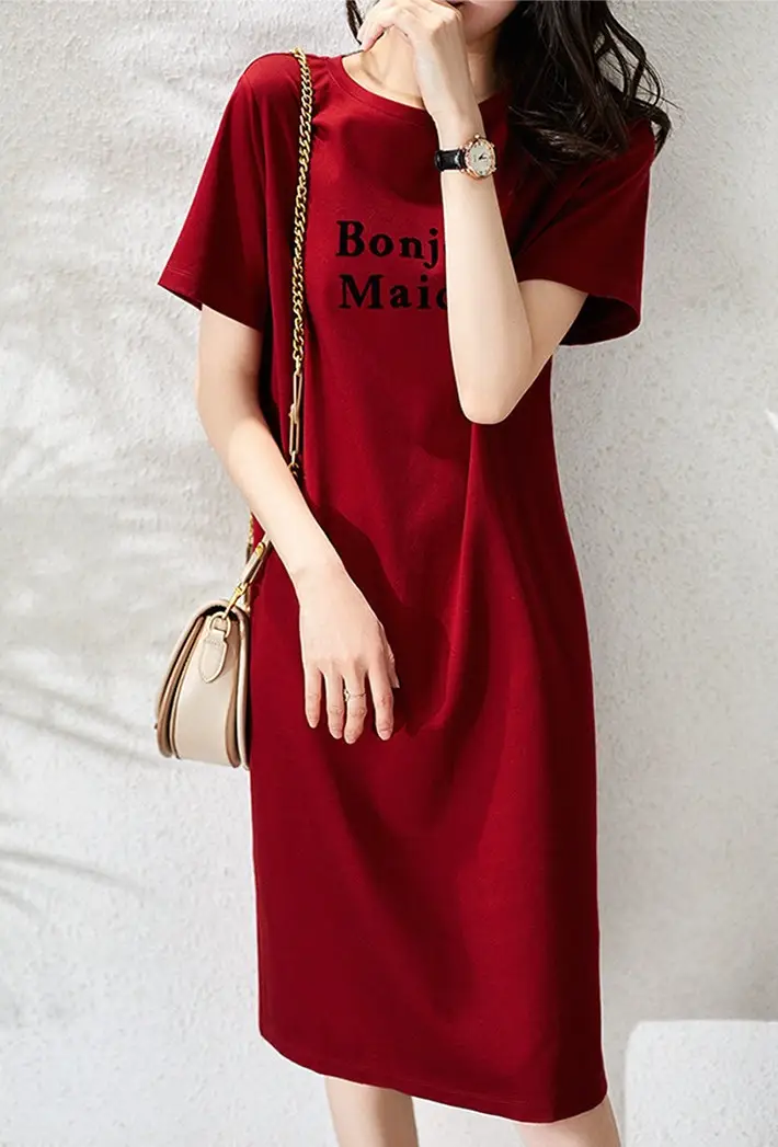 Women Printed T-shirt Dress Red Mid-Length Korean Style - Image 6