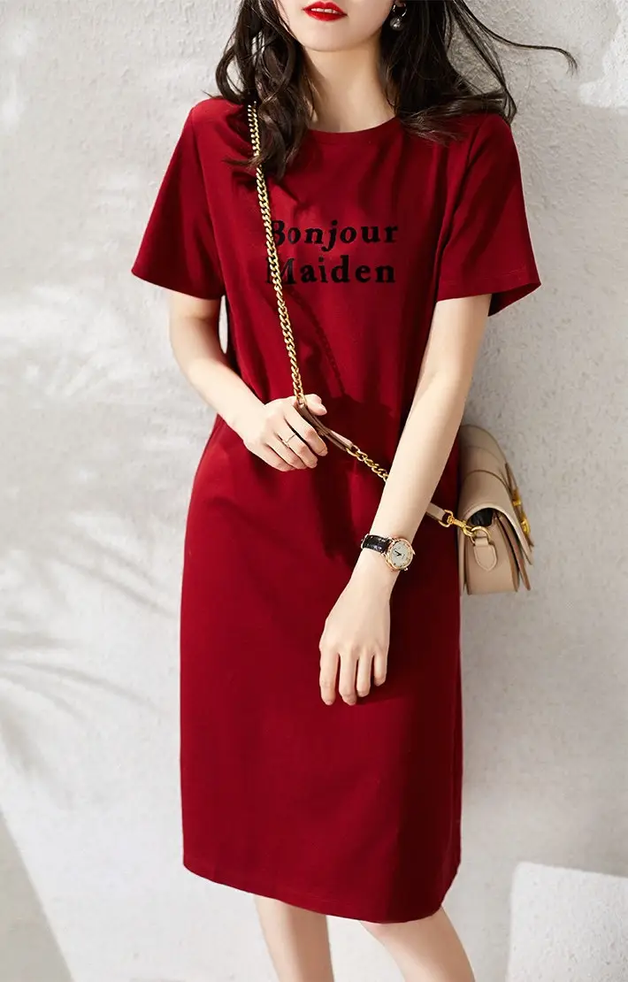 Women Printed T-shirt Dress Red Mid-Length Korean Style — feature 3