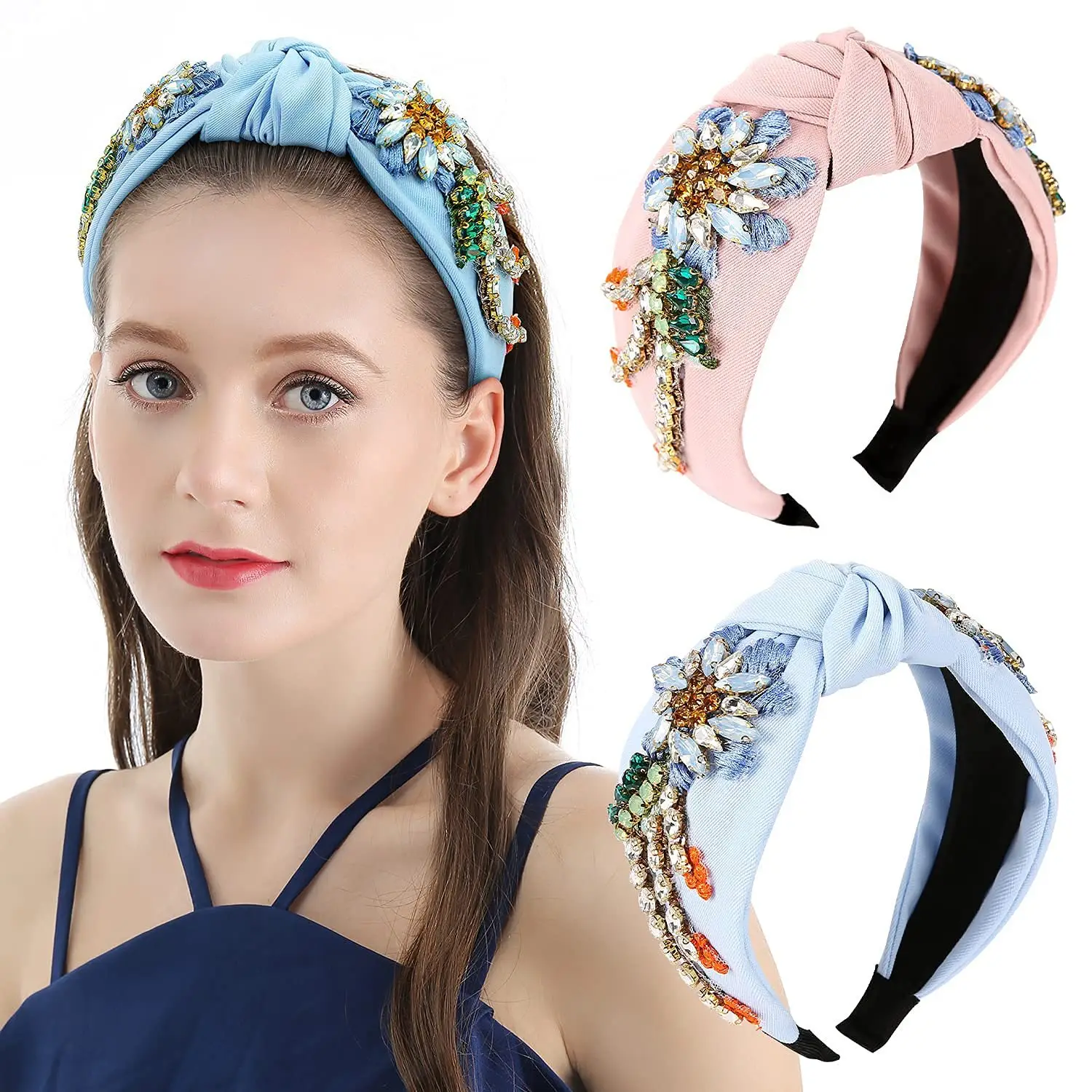 Crystal Diamond Flower Headband Light Blue Wide Brim - Image 7