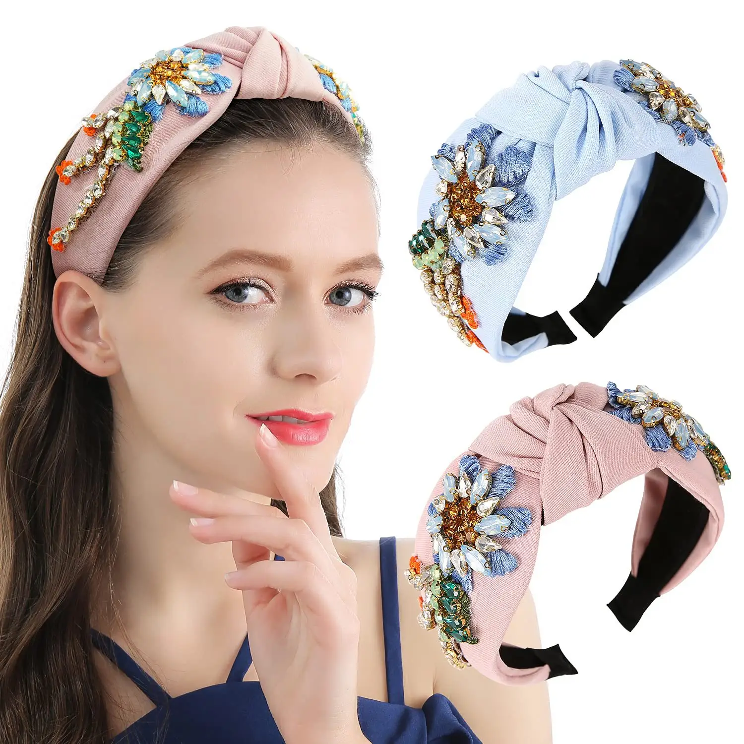 Crystal Diamond Flower Headband Light Blue Wide Brim - Image 8