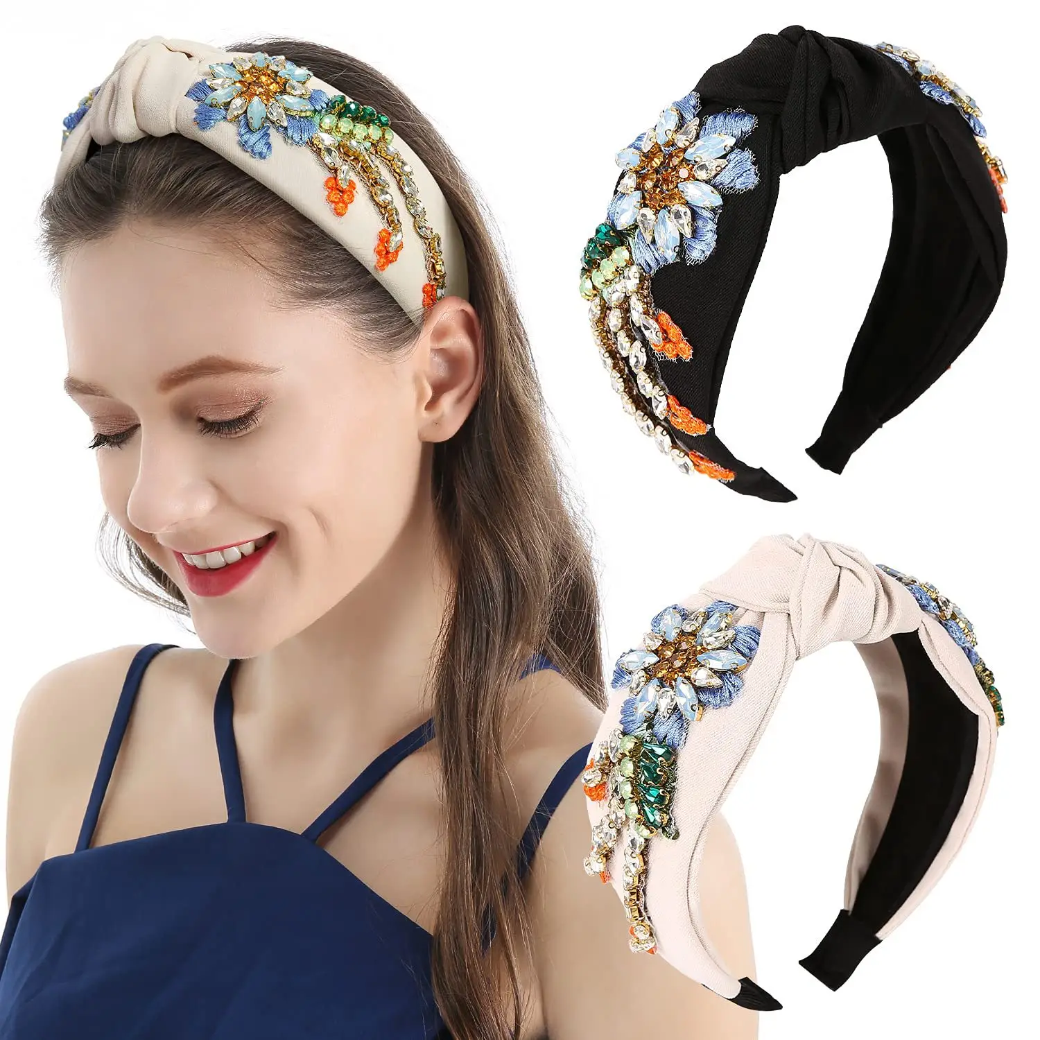 Crystal Diamond Flower Headband Light Blue Wide Brim - Image 9