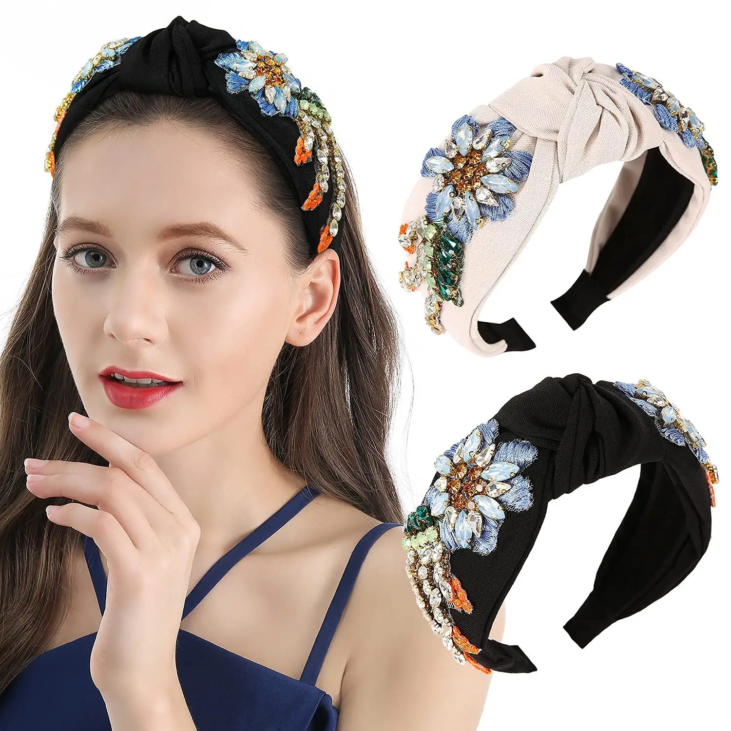 Crystal Diamond Flower Headband Light Blue Wide Brim - Image 10