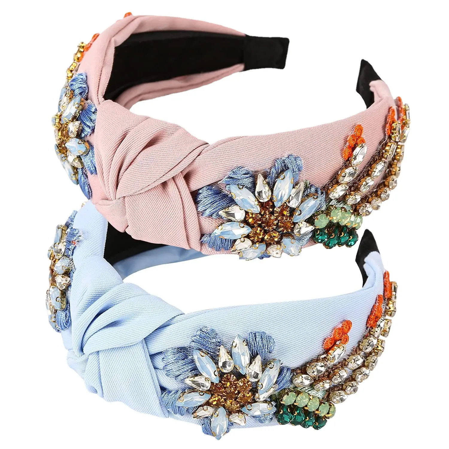Crystal Diamond Flower Headband Light Blue Wide Brim - Image 11