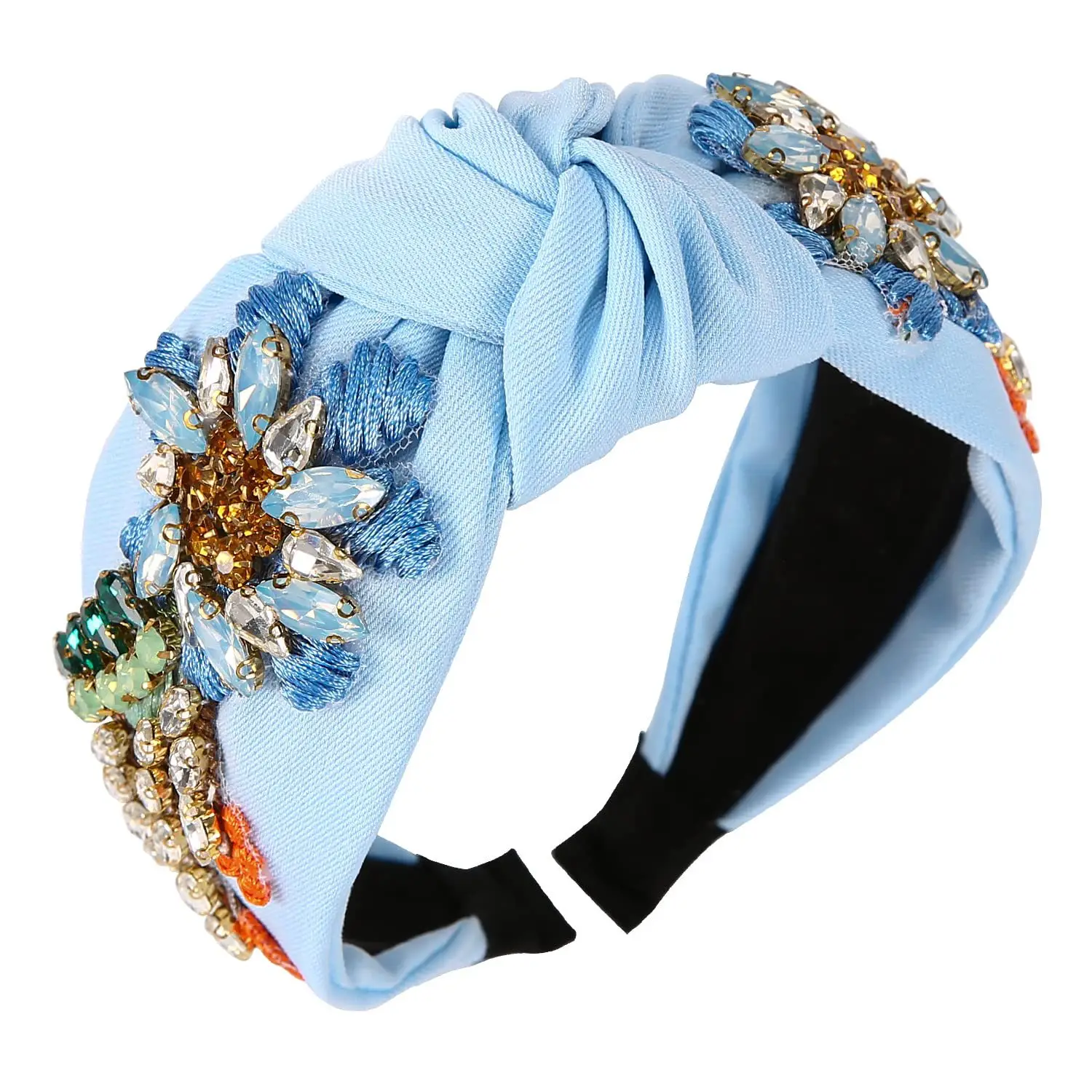 Crystal Diamond Flower Headband Light Blue Wide Brim - Image 2