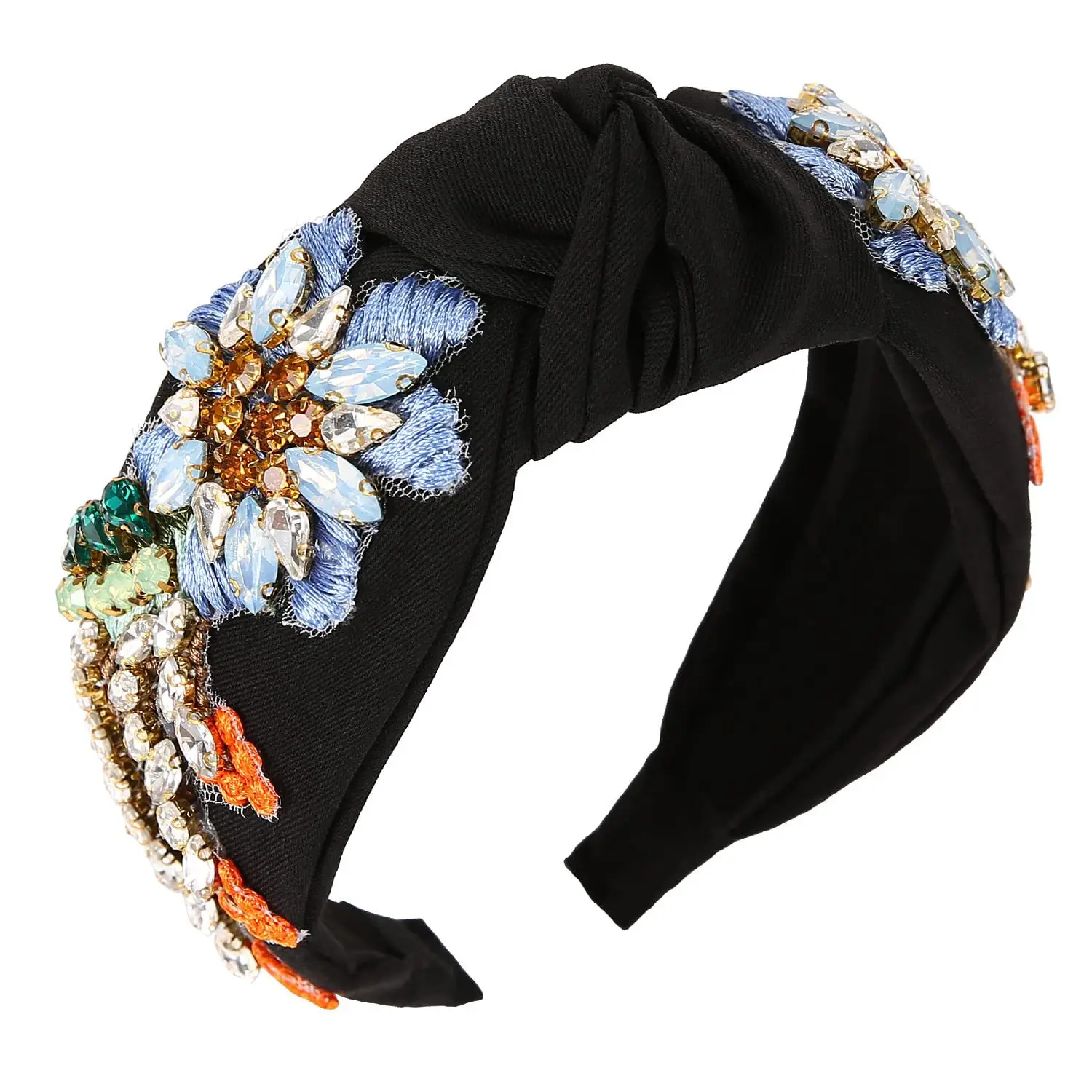 Crystal Diamond Flower Headband Light Blue Wide Brim - Image 3