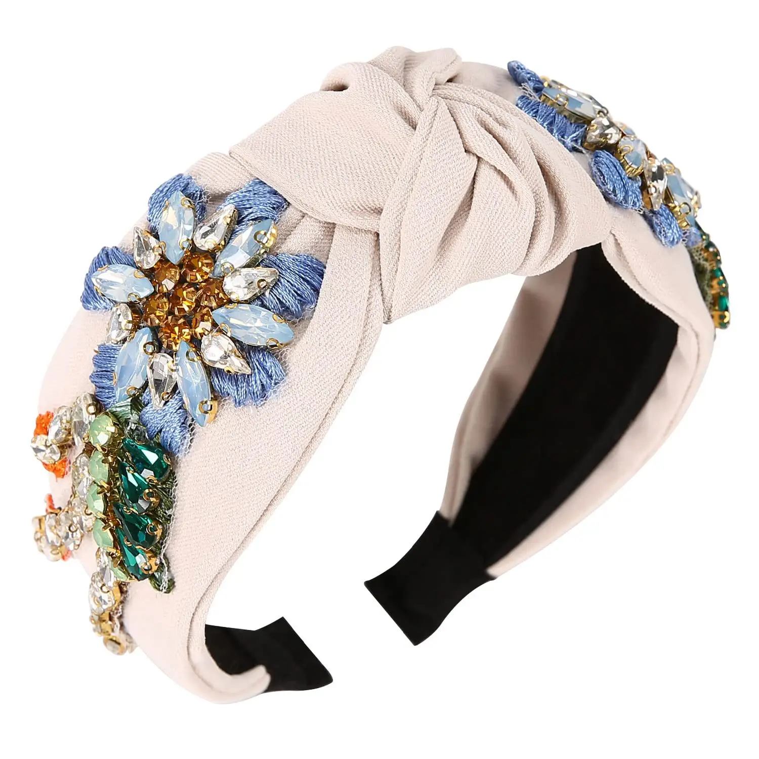 Crystal Diamond Flower Headband Light Blue Wide Brim - Image 4