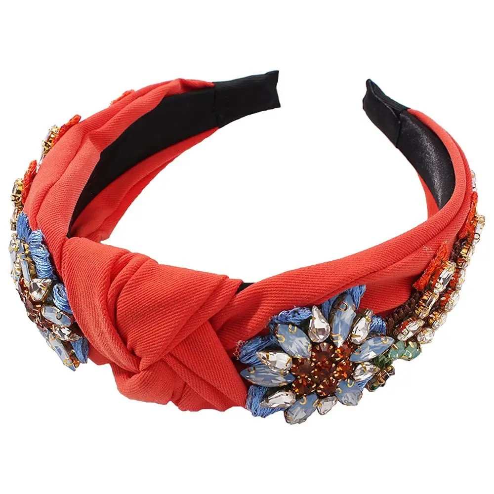 Crystal Diamond Flower Headband Light Blue Wide Brim - Image 5