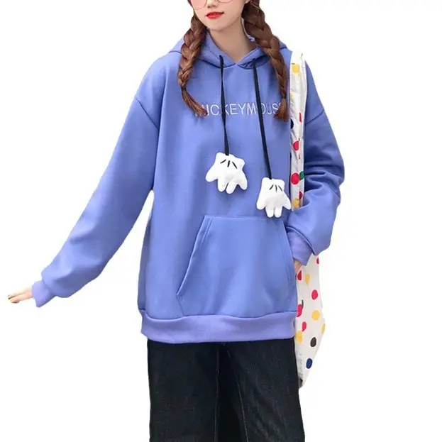 Women Hooded Sweatshirt Blue Cotton Loose Fit - Image 9