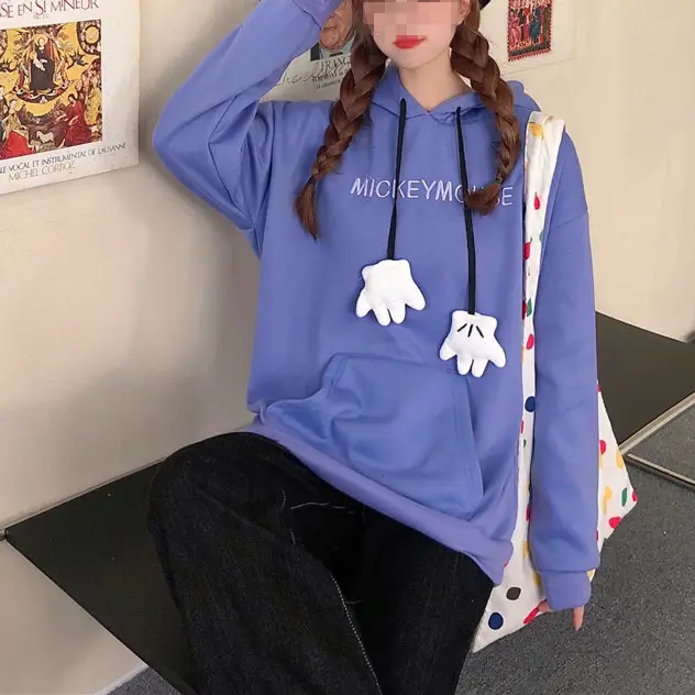 Women Hooded Sweatshirt Blue Cotton Loose Fit — feature 40