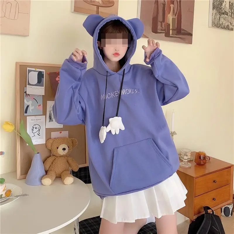 Women Hooded Sweatshirt Blue Cotton Loose Fit — feature 9