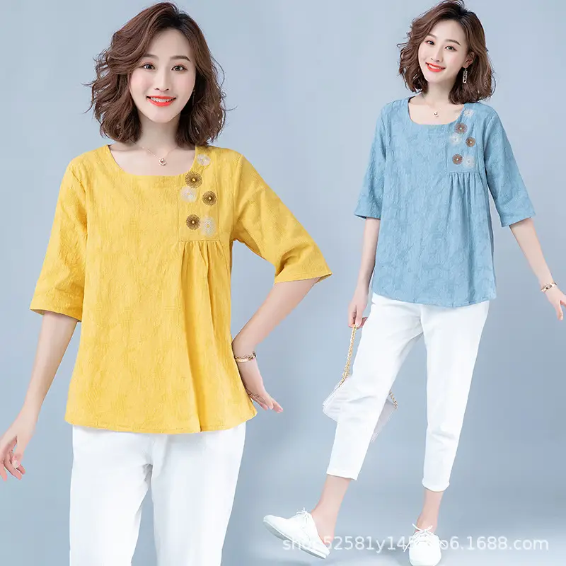 Women Yellow Embroidered T-Shirt 2025 Summer - Image 3