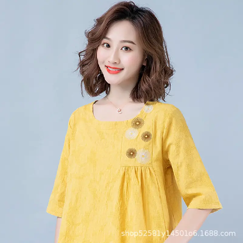 Women Yellow Embroidered T-Shirt 2025 Summer - Image 4