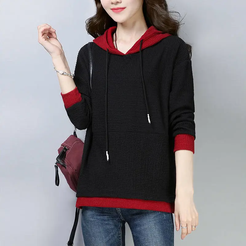 Women Long Sleeve Hooded Sweatshirt Dark Blue Large - Image 2