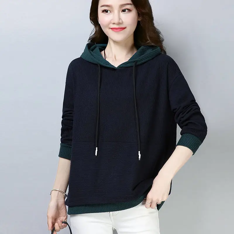 Women Long Sleeve Hooded Sweatshirt Dark Blue Large - Image 4