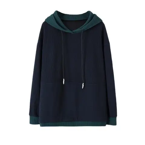 Women Long Sleeve Hooded Sweatshirt Dark Blue Large - Image 5