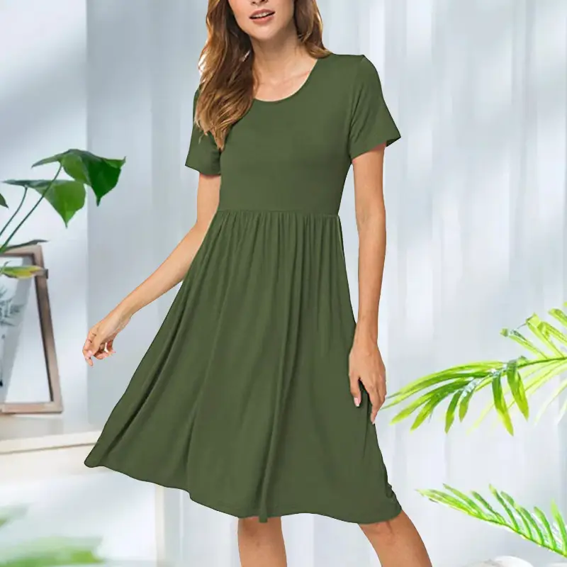 2025 Black Short Sleeve Dress for Women Round Neck Loose A-Line