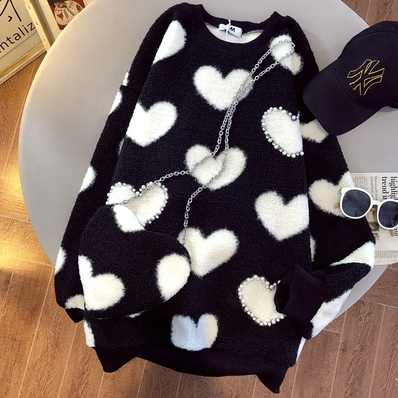 Plus Size Heart Print Wool Sweatshirt Women Autumn Winter Velvet - Image 14