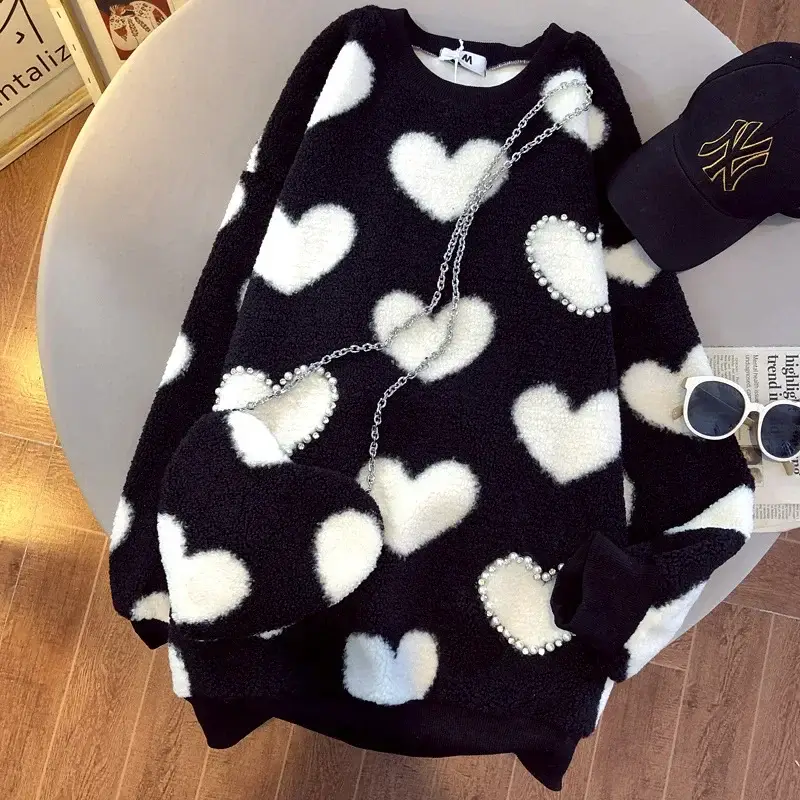 Plus Size Heart Print Wool Sweatshirt Women Autumn Winter Velvet - Image 6