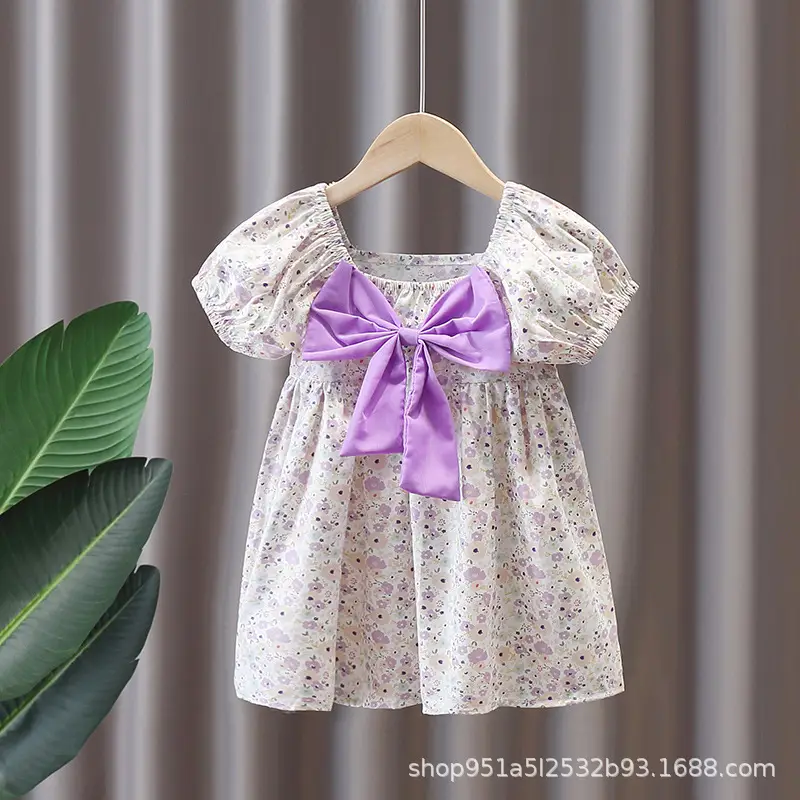 Girls Floral Princess Dress Purple Bow Summer 2024