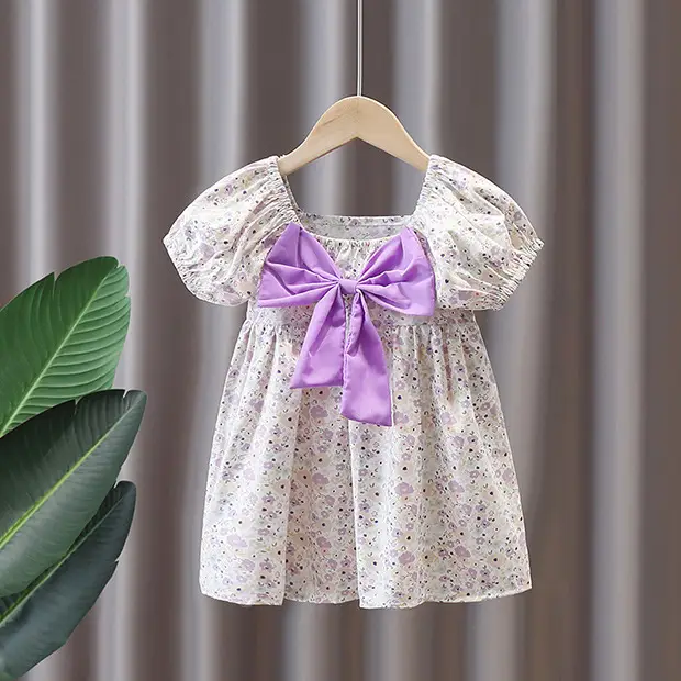 Girls Floral Princess Dress Purple Bow Summer 2024