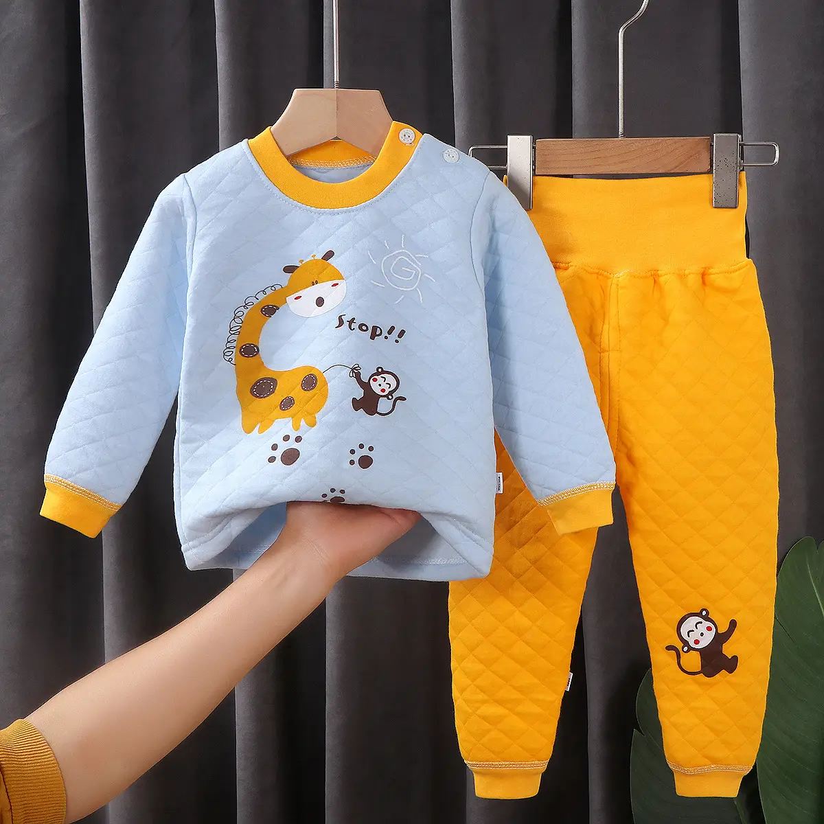 Kids Thermal Intimates Set Yellow Cartoon Print Three Layer