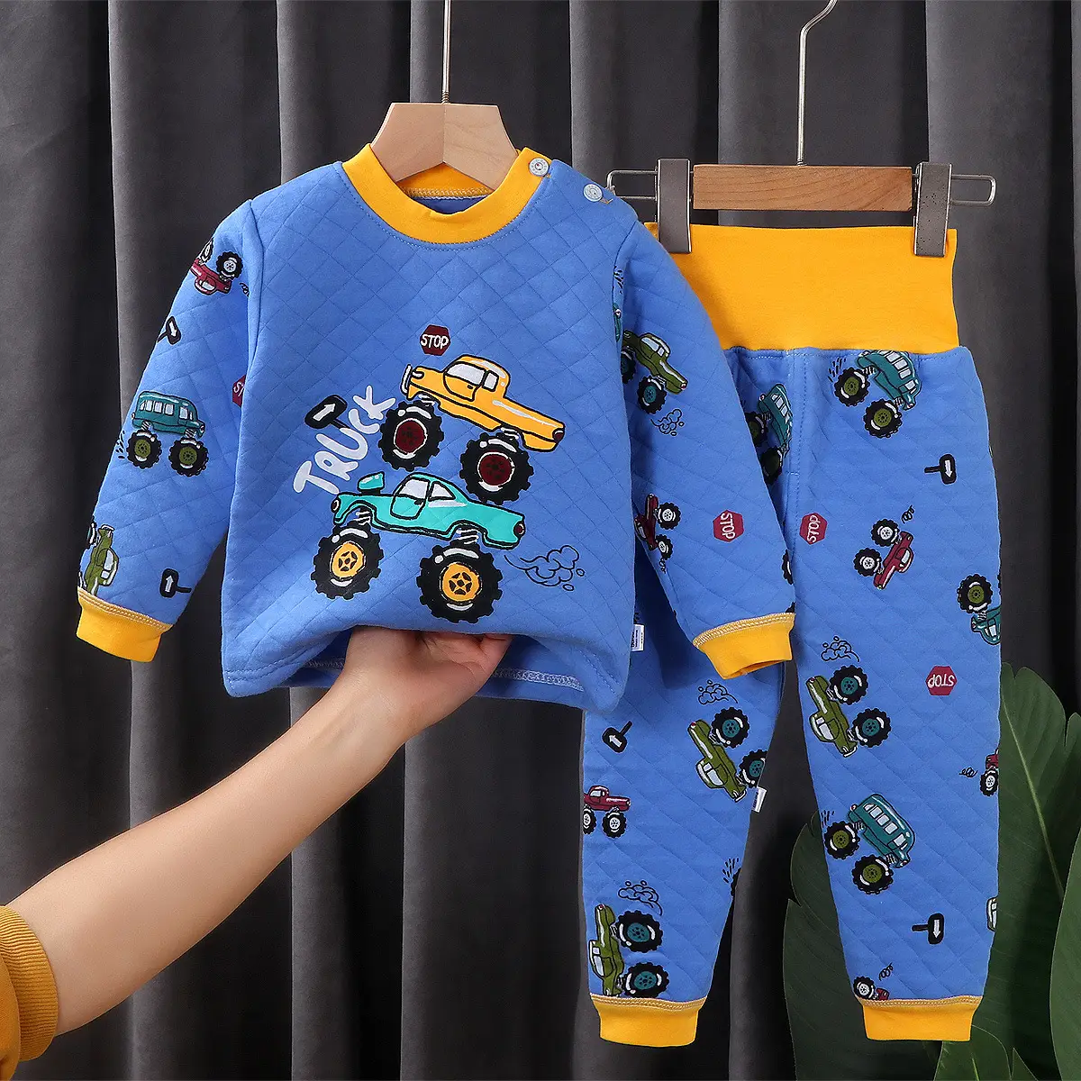 Kids Thermal Intimates Set Yellow Cartoon Print Three Layer