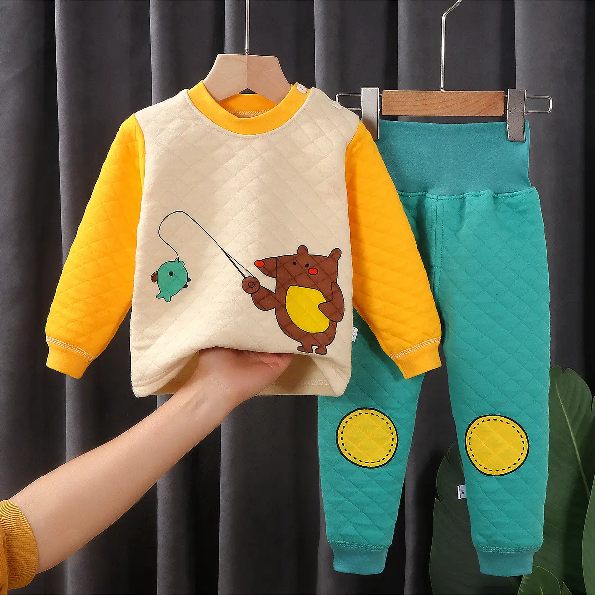 Kids Thermal Intimates Set Yellow Cartoon Print Three Layer